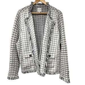 Nic + Zoe Plus Size 1X Grid Fringe Knit Open Blazer Jacket  Cream Black Preppy